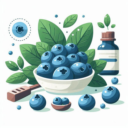Blueberry vector illustration. Blueberry fruit in a bowl with leaves.のイラスト素材