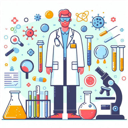 Scientist in lab coat and glasses with equipment. Vector illustration.のイラスト素材