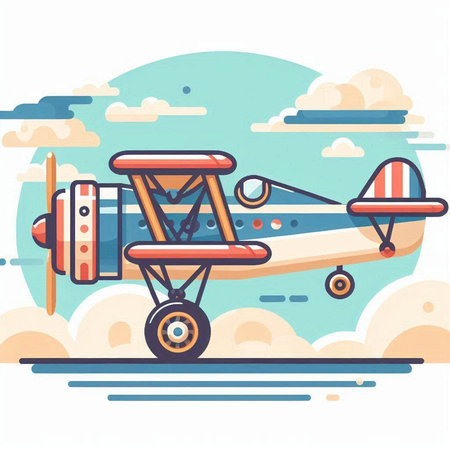 Retro airplane in the sky. Vector illustration in flat style.のイラスト素材