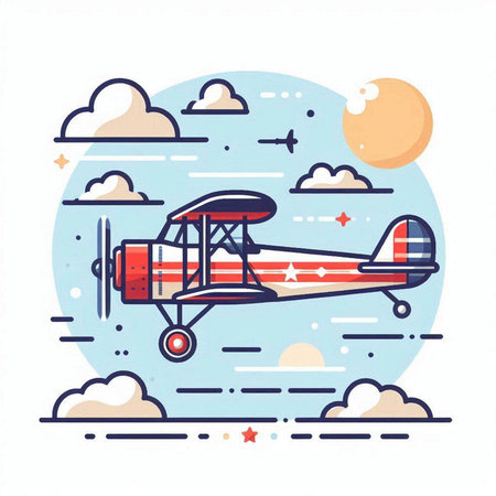 Retro biplane in the sky. Vector illustration in flat styleのイラスト素材