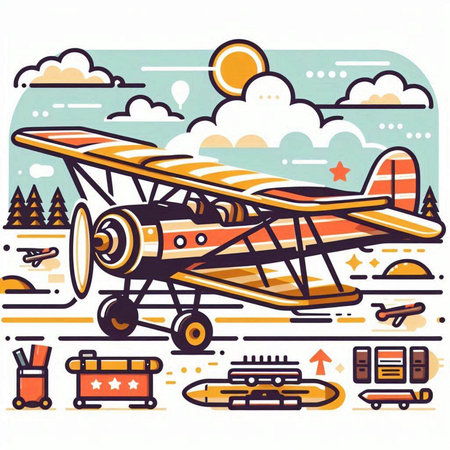 Vector illustration of a vintage airplane in the sky. Retro style.のイラスト素材
