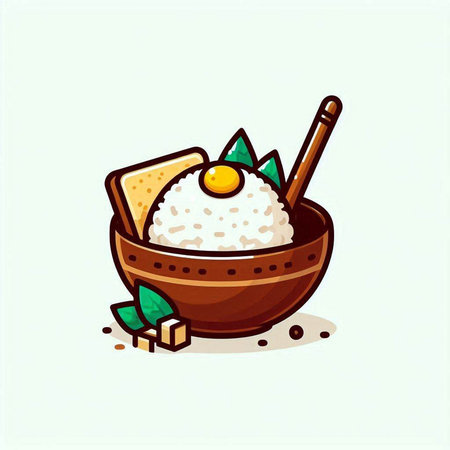 Rice bowl with spoon. Vector illustration in flat cartoon style.のイラスト素材