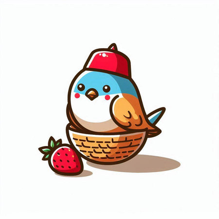Cute cartoon bird in a basket of strawberries. Vector illustration.のイラスト素材