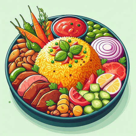 Vector illustration of pilaf with meat, vegetables and spices on a plateのイラスト素材