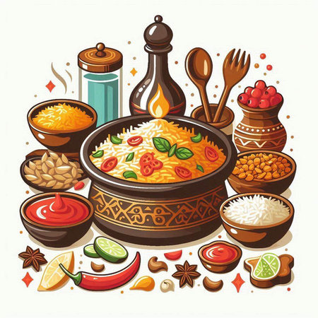 Vector illustration of Indian cuisine with rice, spices and utensilsのイラスト素材