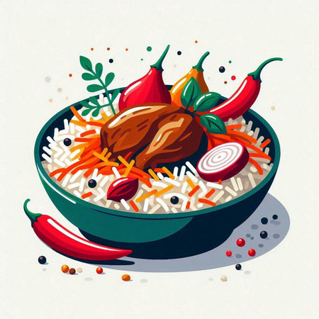Rice with chicken and vegetables. Vector illustration in cartoon style.のイラスト素材
