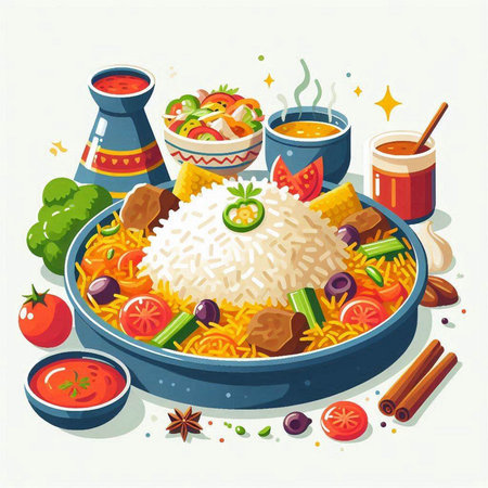 Illustration of a bowl of rice with vegetables and various sauces.のイラスト素材