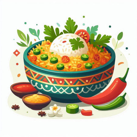 Rice with vegetables and spices in a bowl. Vector illustration.のイラスト素材