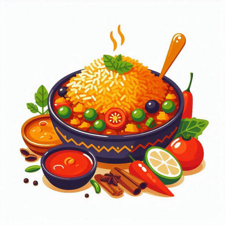 Illustration of a bowl of rice garnished with vegetables and spicesのイラスト素材