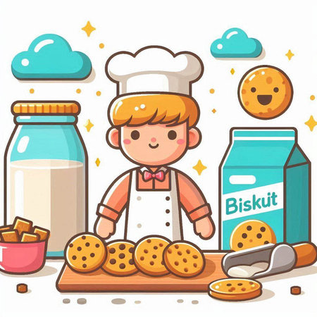 Illustration of a Little Boy Dressed as a Chef and Cooking Cookiesのイラスト素材