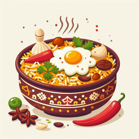 Bowl of pilaf with fried egg and vegetables. Vector illustration.のイラスト素材
