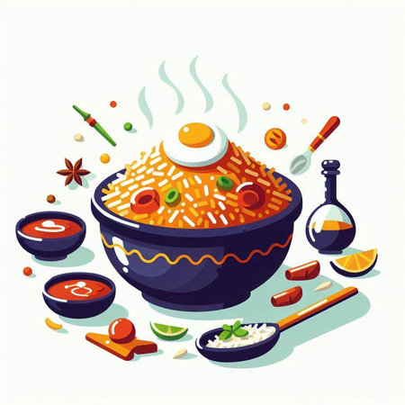 Bowl of rice with various vegetables and spices. Vector illustration.のイラスト素材