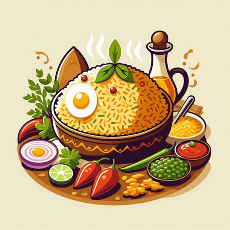 illustration of a bowl of fried rice with vegetables and spices.のイラスト素材
