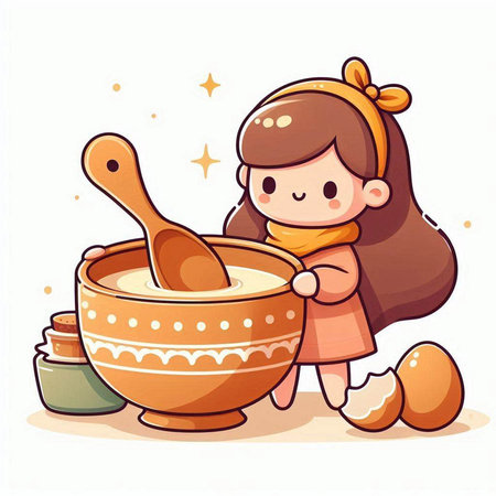 Illustration of a Cute Little Girl Cooking with a Bowl of Eggsのイラスト素材