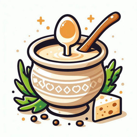 Illustration of a bowl of sour cream with a spoon and cheeseのイラスト素材