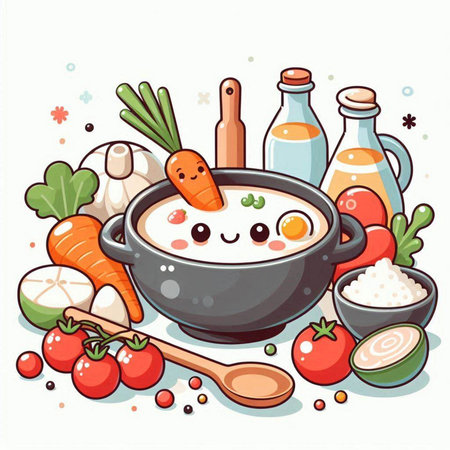 Illustration of Cute Cartoon Pot of Soup with Vegetables on White Backgroundのイラスト素材