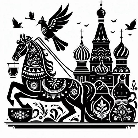 Horse and pigeons on the background of the Kremlin. Black and white illustrationのイラスト素材
