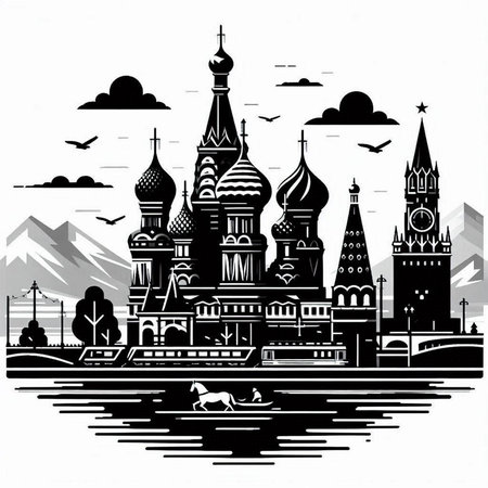 Saint Basil's Cathedral in Moscow, Russia. Black and white vector illustration.のイラスト素材