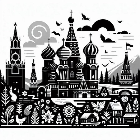 Vector illustration of Moscow Kremlin, Russia. Monochrome background.のイラスト素材
