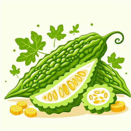 Bitter melon and gourd. Vector illustration on white background.のイラスト素材