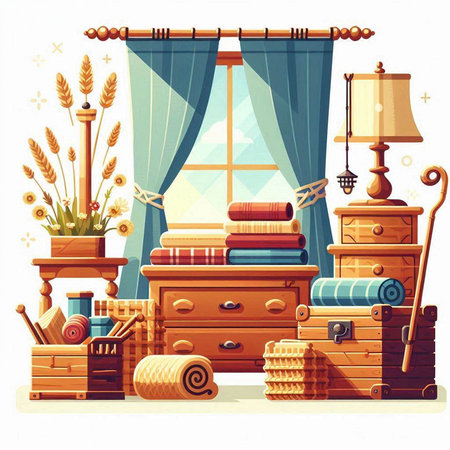 Vector illustration of a room interior with furniture, bookshelf and window.のイラスト素材