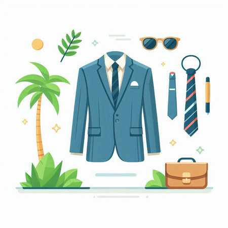 Vector illustration of men's suit, tie, sunglasses, briefcase and palm tree.のイラスト素材