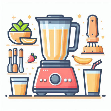 Blender and ingredients for smoothie. Vector illustration in flat styleのイラスト素材