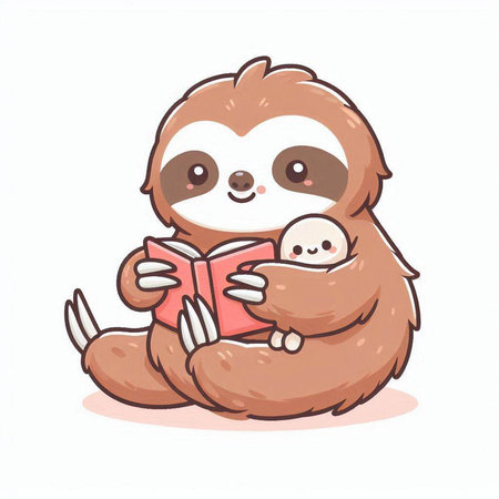Cute cartoon sloth holding a book. Vector illustration isolated on white background.のイラスト素材