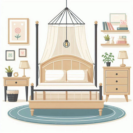 Illustration of a Bedroom Interior with Furniture. Vector illustrationのイラスト素材
