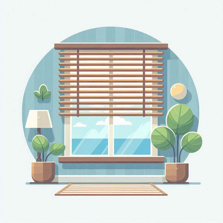 Window with blinds, potted plants and lamps. Flat style vector illustration.のイラスト素材