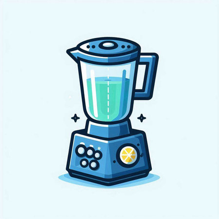 Illustration of a blender with a bowl of juice on a blue backgroundのイラスト素材