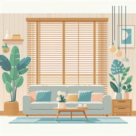 Living room interior with furniture, sofa and plants. Vector illustration.のイラスト素材