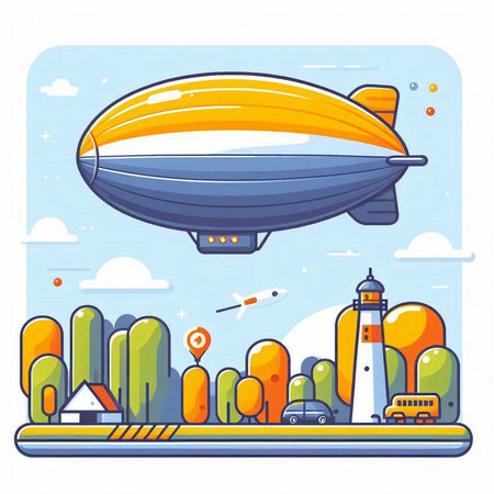 Airship in the city. Vector illustration in flat cartoon style.のイラスト素材