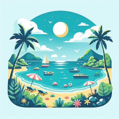 Tropical island with palm trees, boats and sea. Vector illustrationのイラスト素材