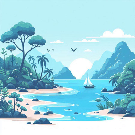Beautiful seascape with island and sea, vector illustration.のイラスト素材