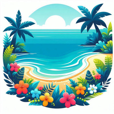 Tropical beach with palm trees and flowers. Vector illustration.のイラスト素材