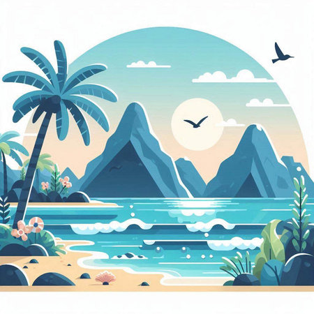Sea landscape with palm trees and mountains. Vector illustration in flat styleのイラスト素材