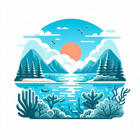Vector illustration of a sea landscape in a flat style. Illustration of a beautiful landscape with a lake, mountains, trees and birds.のイラスト素材