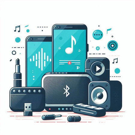 Vector illustration of music equipment and devices. Music player, smartphone, headphones, speaker, microphone, headphones.のイラスト素材