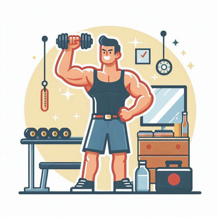 Muscular man lifting dumbbells in the gym. Vector illustrationのイラスト素材