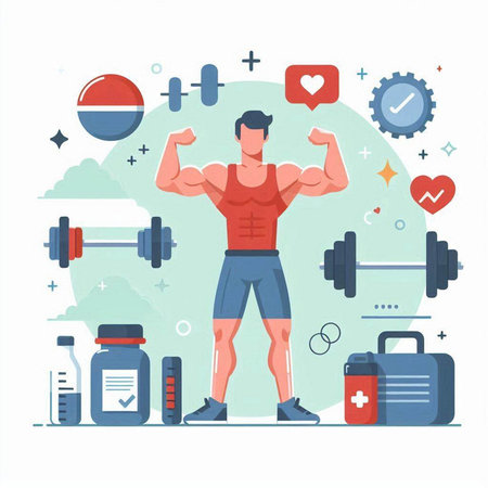 Fitness, bodybuilding, healthy lifestyle concept. Vector illustration in flat styleのイラスト素材