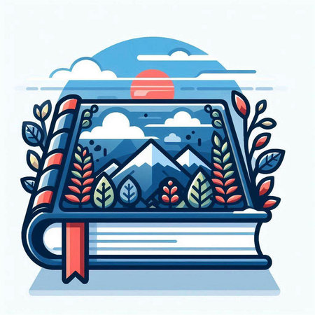 Book with mountains and sun in the sky. Vector illustration in linear style.のイラスト素材