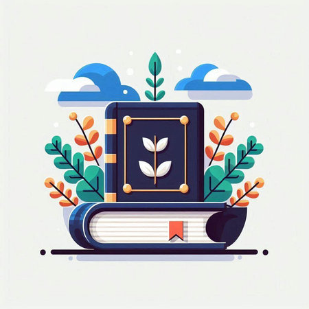 Flat design vector illustration concept of knowledge and wisdom. Books and leaves.のイラスト素材