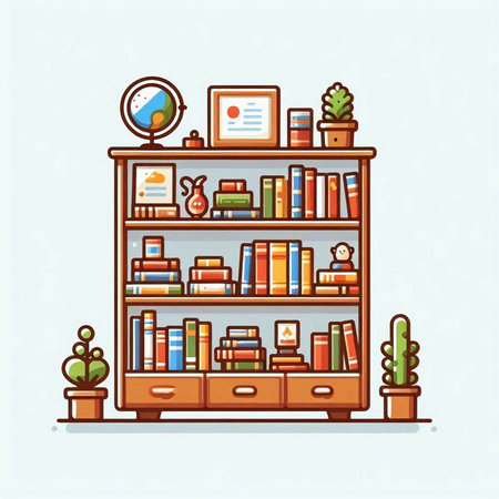 Bookshelf with books and accessories. Flat style vector illustration.のイラスト素材