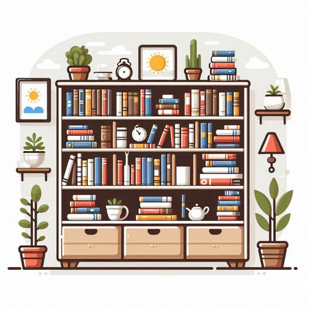 Bookshelf with books and decorations. Vector illustration in flat styleのイラスト素材