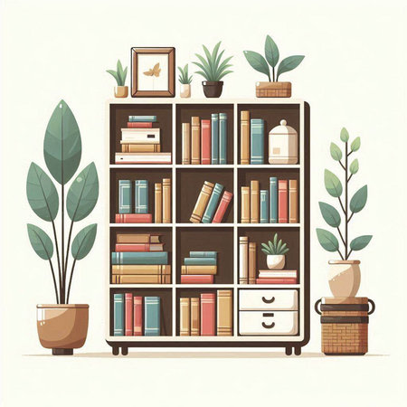 Bookshelf with books and plants. Vector illustration in flat styleのイラスト素材