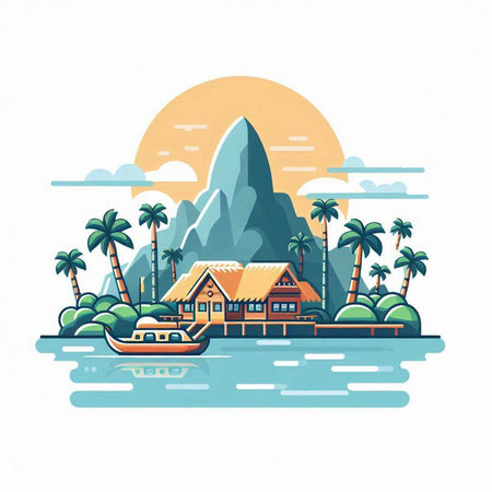 Vector illustration of a tropical island with bungalows and palm treesのイラスト素材