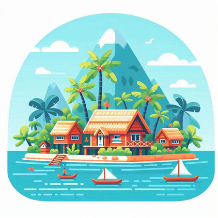 Tropical island with palm trees and bungalows. Vector illustrationのイラスト素材