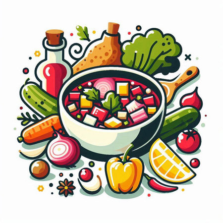 Vegetable soup in bowl with ingredients for cooking. Vector illustration.のイラスト素材