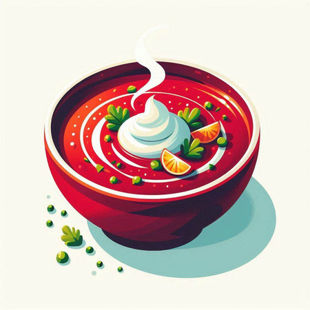 Delicious soup with sour cream in red bowl. Vector illustration.のイラスト素材
